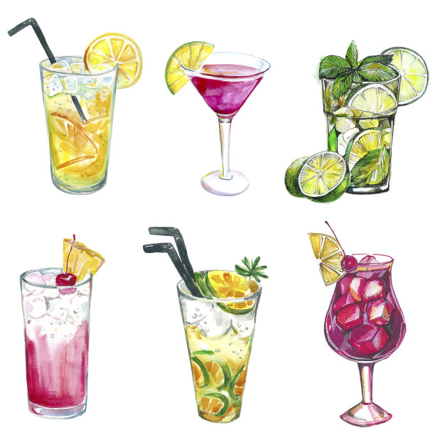 手绘一套水彩酒精鸡尾酒和其他饮料。水彩素材图片