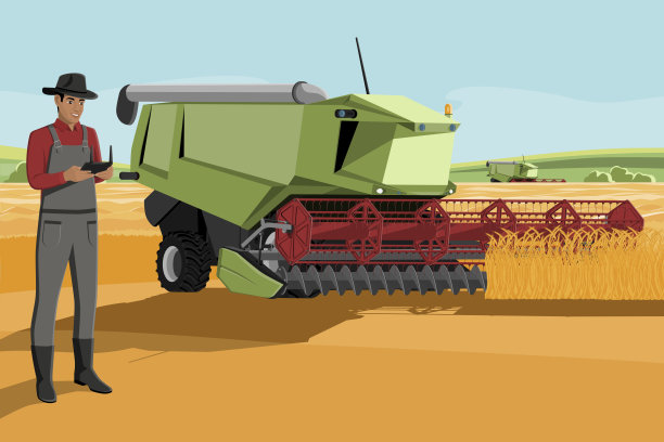拥有自动收割机的农民图片下载