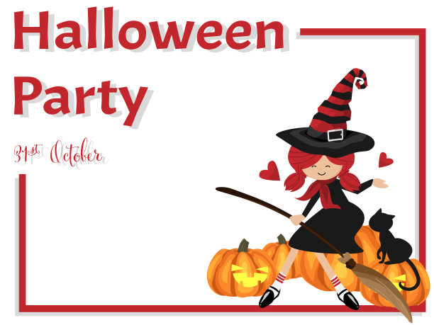 万圣节的背景与年轻的女巫拿着扫帚坐在万圣节的南瓜与黑猫和万圣节快乐的文字。图片下载