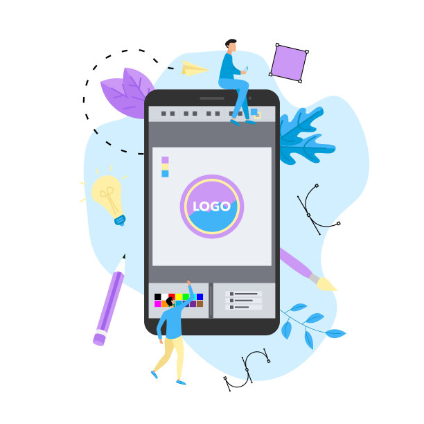 平面矢量图形设计概念与设计师与一个开放的设计应用程序与创意项目图片下载