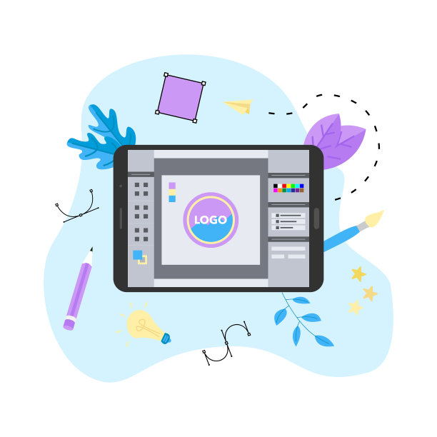 平面矢量图形设计概念与设计师与一个开放的设计应用程序与创意项目图片下载