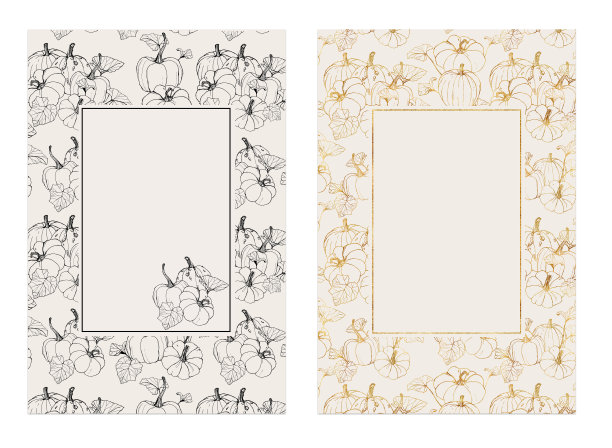 带有金色南瓜的水彩卡片。手工绘制的传统葫芦与树叶和树枝孤立在白色的背景。植物线条艺术插图设计或印刷。图片下载