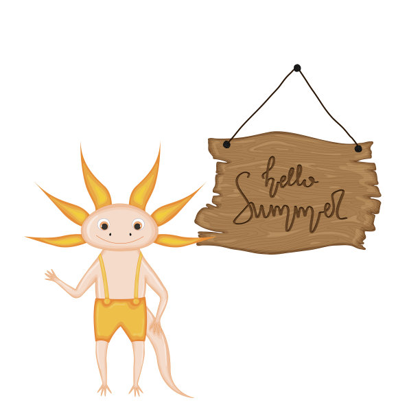 蜥蜴靠近木招牌与铭文“你好夏天”矢量。卡通插图。图片下载