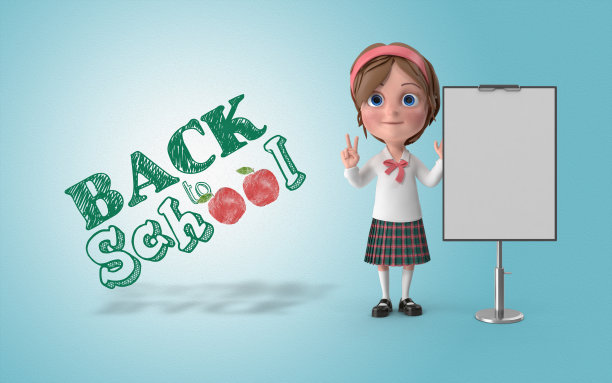 小女孩在蓝色背景下摆姿势，涂鸦“回到学校”图片下载