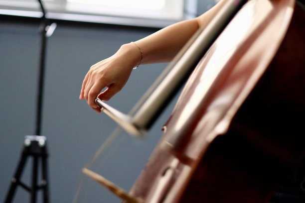 靠近女音乐家的手，鞠躬，演奏棕色大提琴。图片下载