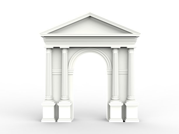 正面的白色经典拱门，拱廊与科林斯柱，多利安壁柱孤立在白色3D插图图片下载
