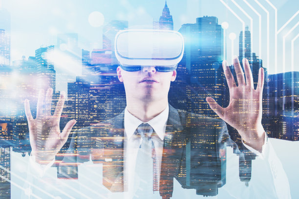 戴着VR眼镜的人在城市里，科技图片下载