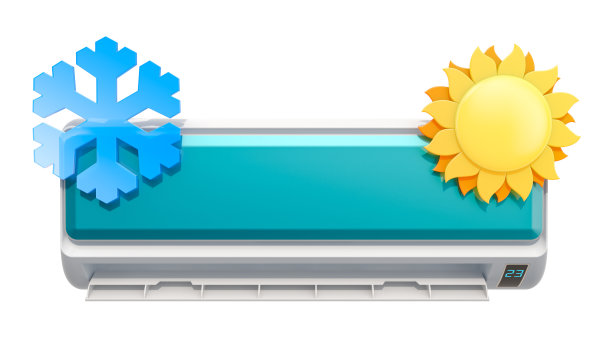 空调与雪花和太阳，3D渲染孤立的白色背景图片下载