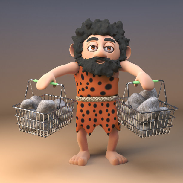 3d洞穴人装满了他的购物篮与奇妙的岩石，3d插图图片下载