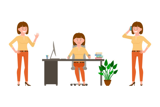 微笑，开朗，棕色头发的办公室女人在橙色裤子矢量插图。挥手招呼，坐在桌子上，写作，打电话女性卡通人物设置在白色的背景图片下载