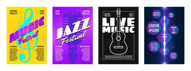 音乐爵士电子现场音乐节表演海报或邀请传单封面模板集。原声吉他与高音谱号和复古麦克风与声波。音乐会打印矢量插图图片下载