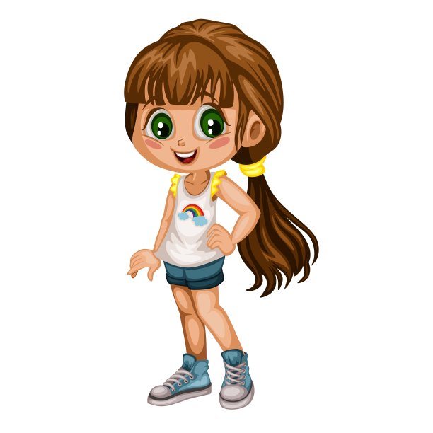 一个可爱开朗的女孩穿着漂亮的裙子的卡通插图。小孩的卡通图片下载