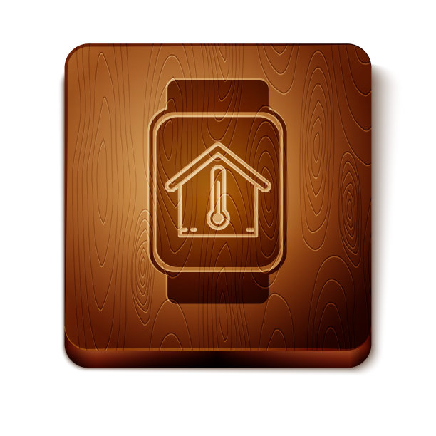 棕色智能手表与室内温度图标隔离在白色背景。温度计图标。木制方形按钮。矢量图图片下载