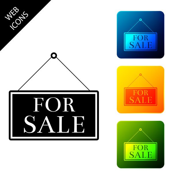 悬挂标志与文字出售图标隔离。设置图标彩色的方形按钮。矢量图图片下载
