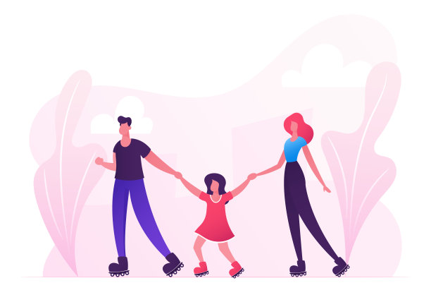 家庭周末休闲和运动时间。母亲，父亲和小女儿在城市公园或街道溜冰滚轮，夏季活动休闲度假卡通平面矢量插图图片下载