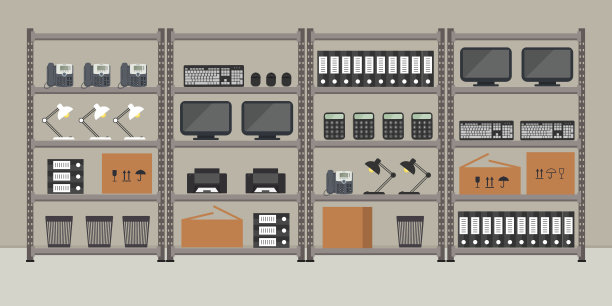 有办公设备和电脑设备的架子。储藏室图片下载