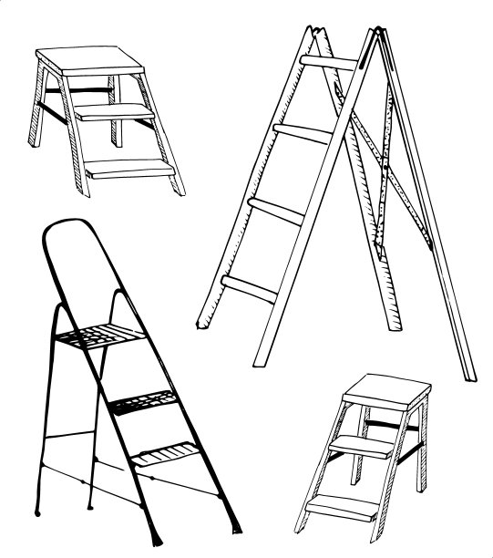 踏步梯素描集。收集的手工绘制的梯子孤立在白色。草图风格矢量插图。图片下载