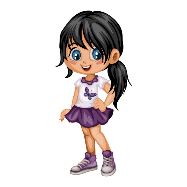 一个可爱开朗的女孩穿着漂亮的裙子的卡通插图。小孩的卡通图片下载