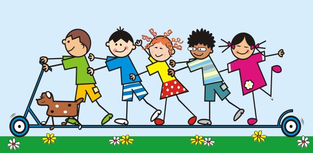 快乐的小朋友骑推滑板车，有趣的矢量插图图片下载