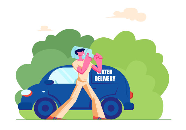 送水服务人员公司员工工人男性角色穿着制服肩扛塑料瓶与清洁饮水为家庭或办公室冷却器卡通平面矢量插图图片下载