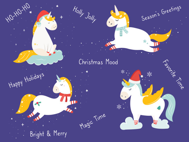 手绘独角兽圣诞套装。卡片和标签的收集可爱的角色图片下载