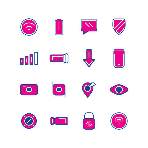 16个粉红色和蓝色的移动用户界面线图标图片下载