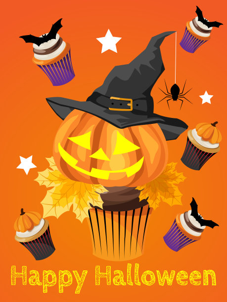 万圣节背景与万圣节纸杯蛋糕和你好万圣节和万圣节快乐的文本。图片下载