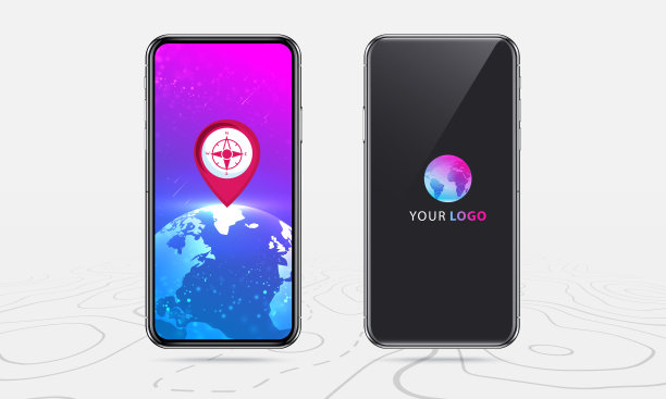 地图世界导航，前后智能手机地图应用与屏幕上的红色定位，应用程序地图导航，独立在线地图背景，矢量图片下载