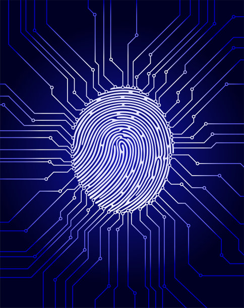 指纹扫描，数字生物识别安全系统，数据保护，深蓝色背景，矢量插图。图片下载