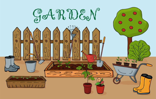 春季园艺用苗木和园艺设备。插图在平面风格-矢量图片下载