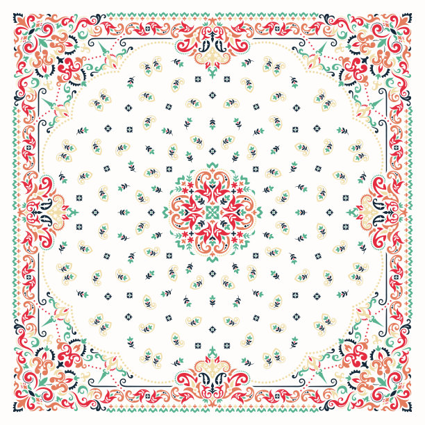 矢量装饰手帕印花。传统的民族装饰图案与佩斯利和花卉。丝质围巾或方巾图案设计风格，最佳动机印花在织物或纸上图片下载