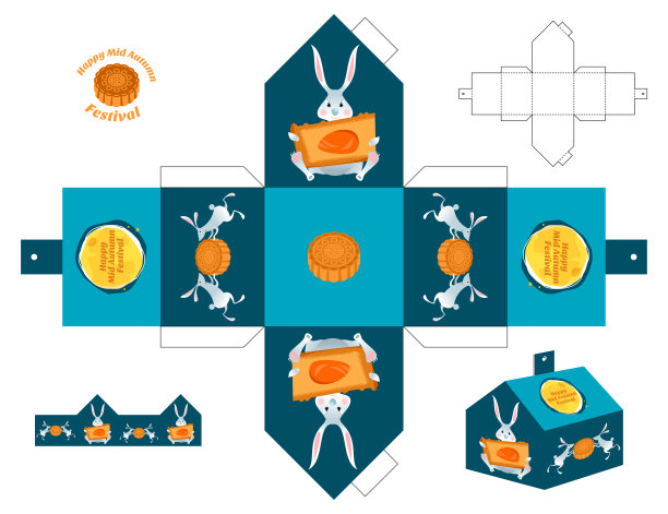 快乐中秋礼盒。兔子抱着月饼。剪出框模板。图片下载