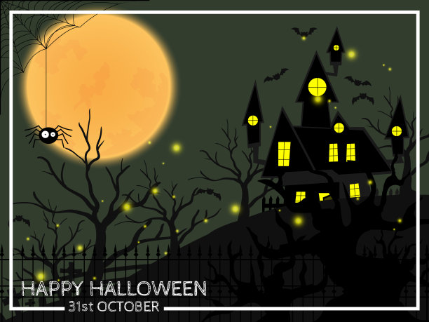 万圣节的背景鬼屋在墓地与飞翔的蝙蝠在满月的天空，蜘蛛与蜘蛛网和万圣节之夜的文字。图片下载