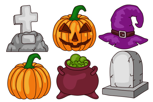 万圣节。吓人的南瓜，大锅，女巫帽，墓碑。孤立在白色背景上。设计元素。图片下载