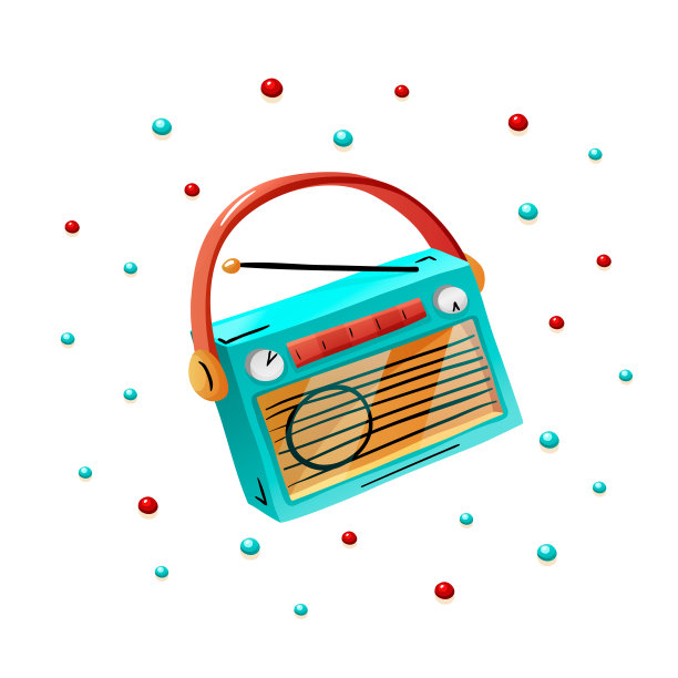 复古便携式收音机在卡通涂鸦风格，矢量插图上的白色背景图片下载