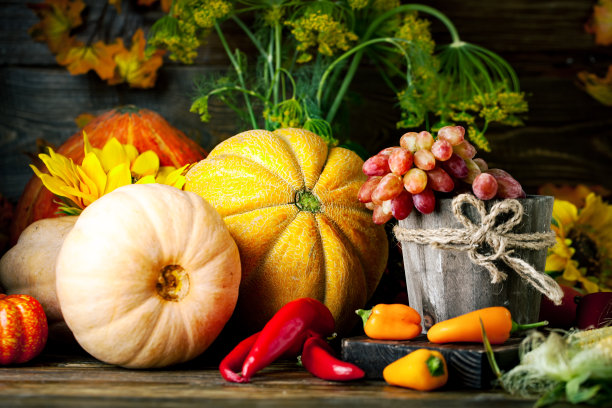 桌子上，装饰着蔬菜和水果。丰收节。感恩节快乐。秋天的背景。有选择性的重点。图片下载