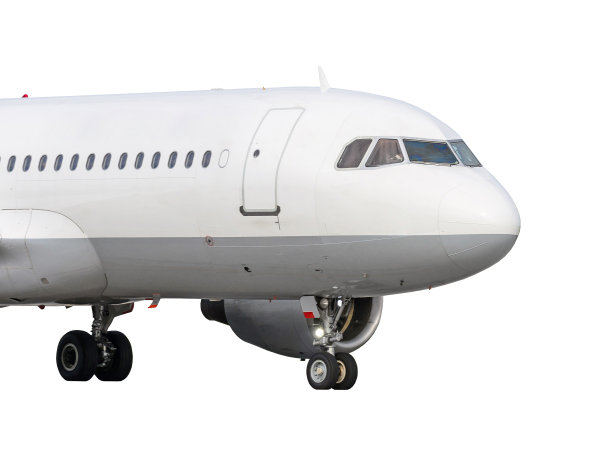 飞机前起落架在白色背景上延伸隔离。图片下载