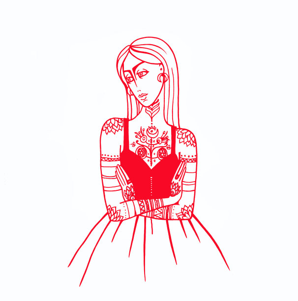 时装模特儿。可爱的红色。有纹身的女孩。美丽的女人。图形。艺术。图片下载