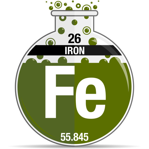 化学圆烧瓶上的铁符号。元素周期表中的第26号元素——化学图片下载