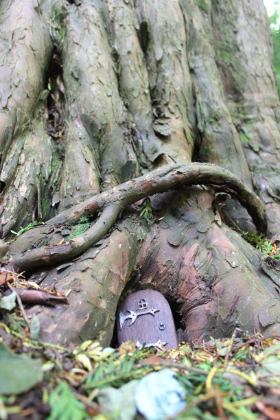 树脂木仙屋门在树干上的形象为儿童幻想花园与魔法仙女，玩偶屋和魔法林地森林，仙人花园房子与门在大紫杉树干的基部，与窗户，金属铰链，门环图片下载