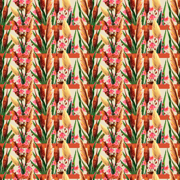 水彩沼泽植物和草本植物和花卉无缝模式上的米色背景图片下载