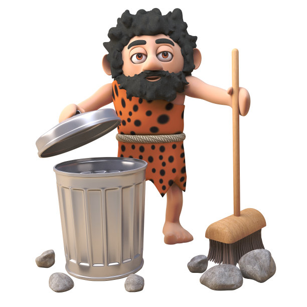 史前穴居人的角色在3d扫一些岩石与他的扫帚到垃圾桶，3d插图图片下载