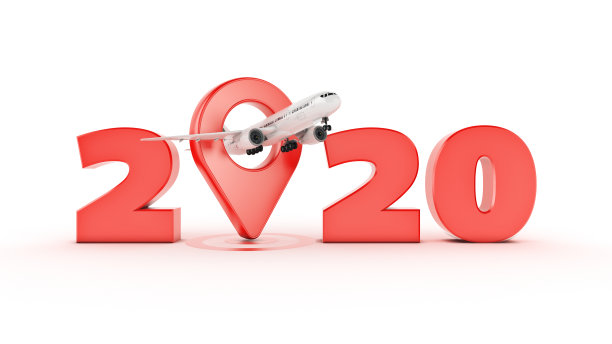 航空旅行的概念。机场的指针。2020年新年标志。三维渲染素材图片