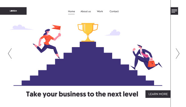 商业竞争，目标成就网站登陆页。商人爬楼梯，上面有金酒杯。商人和女性领导网页横幅。卡通平面矢量插图图片下载