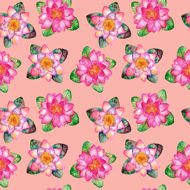 水彩沼泽植物和香草无缝模式与粉红色睡莲在粉红色的背景。图片下载