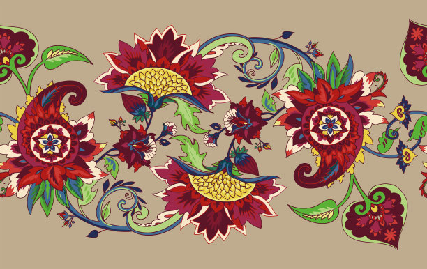 佩斯利。边框，框架/无缝纺织花卉图案与东方涡纹装饰。图片下载