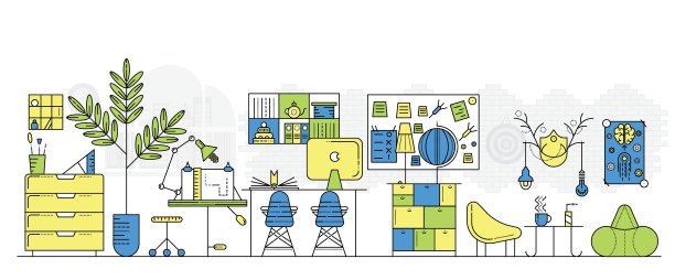 现代办公室内饰家具。灯,工厂。素材图片