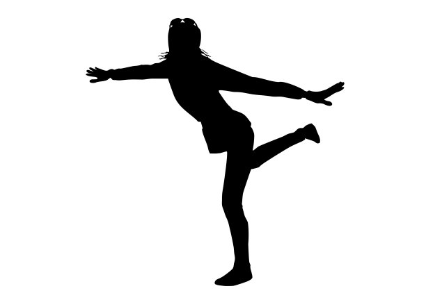 黑色剪影的年轻快乐的女孩在白色的背景与眼镜，这站在一条腿上图片下载