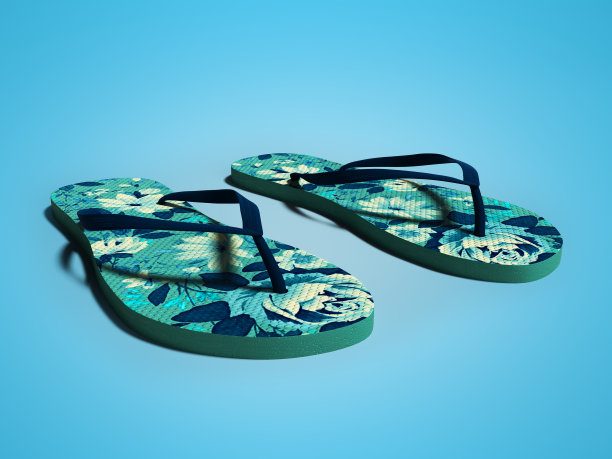 蓝色沙滩拖鞋的女孩与深蓝色的花3d渲染在蓝色的背景与阴影图片下载