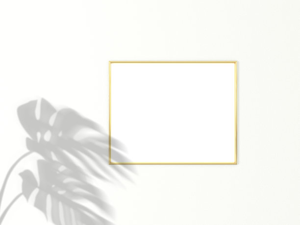 4x5水平黄金相框为照片或图片模型在白色背景与阴影的怪物树叶。3 d渲染。图片下载